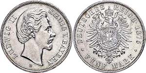 Bavaria 5 Mark, 1875, Ludwig II., small edge ... 