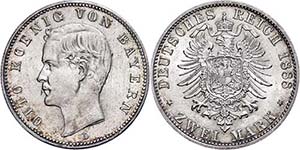 Bayern 2 Mark, 1888, Otto, kl. Kr. vz. J. 43