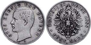 Bavaria 5 Mark, 1888, Otto, rubbed, small ... 