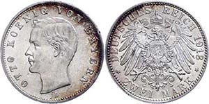 Bayern 2 Mark, 1913, Otto, Randfehler, ss-vz ... 