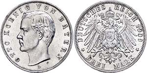 Bayern 3 Mark, 1909, Otto, Kratzer, kl. Rf., ... 