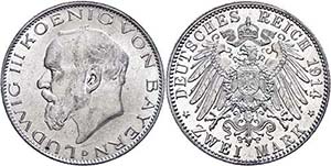 Bayern 2 Mark, 1914, Ludwig III., Kratzer, ... 