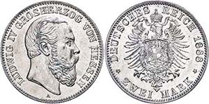 Hesse 2 Mark, 1888, Ludwig IV, small ... 