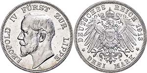 Lippe 3 Mark, 1913, Leopold IV., rubbed, ... 
