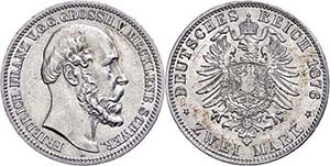 Mecklenburg-Schwerin 2 Mark, 1876, Friedrich ... 