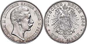 Prussia 2 Mark, 1888, Wilhelm II., rubbed, ... 