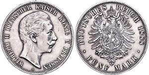Prussia 5 Mark, 1888, Wilhelm II., scratch, ... 