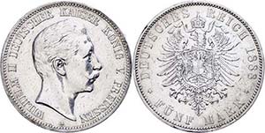 Prussia 5 Mark, 1888, Wilhelm II., various ... 