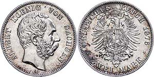 Saxony 2 Mark, 1876, Albert, extremly fine ... 