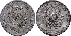 Saxony 2 Mark, 1880, Albert, strong patina, ... 
