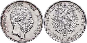 Saxony 5 Mark, 1875, Albert, rubbed, ... 