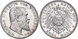 Württemberg 3 Mark, 1913, Wilhelm II., kl. ... 