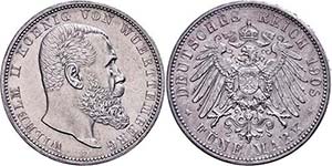 Württemberg 3 Mark, 1908, Wilhelm II., f. ... 