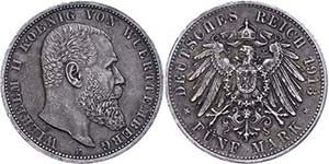 Württemberg 5 Mark, 1913, Wilhelm II., kl. ... 