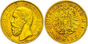 Baden 10 Mark, 1876, Friedrich I., kl. Rf., ... 