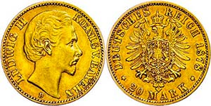 Bayern 20 Mark, 1878, Ludwig II., ss. J. 197