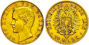 Bayern 10 Mark, 1888, Otto, kl. Rf., ss. J. ... 