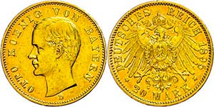 Bayern 20 Mark, 1895, Otto, kl. Rf. und Kr., ... 