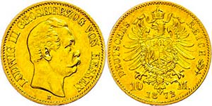 Hessen 10 Mark, 1872, Ludwig III., ss. J. 213