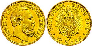 Hesse 10 Mark, 1878, Ludwig IV., extremley ... 