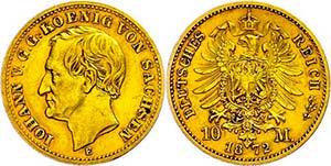 Saxony 10 Mark, 1872, Johann, tiny edge ... 