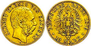 Sachsen 10 Mark, 1875, Albert, Randfehler, ... 