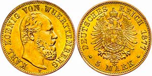 Württemberg 5 Mark, 1877, Karl, kl. ... 