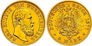 Württemberg 5 Mark, 1877, Karl, small edge ... 