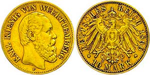 Württemberg 10 Mark, 1890, Karl, ss. J. 294