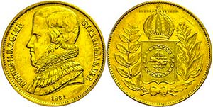Brazil 20000 rice, Gold, 1851, Pedro II., ... 