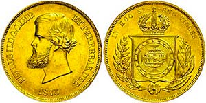 Brazil 10000 rice, Gold, 1873, Pedro II., ... 