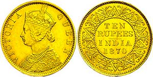 India 10 Rupees, Gold, Victoria, Fb. 1602, ... 