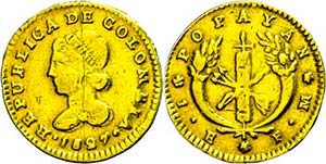 Columbia 1 escudo, Gold, 1827, FM, Fb. 72, ... 