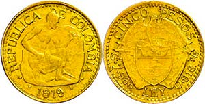 Columbia 5 Peso, Gold, 1919, Fb. 110, ... 