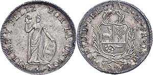 Peru 8 Real, 1827, JM, Lima, KM 142.1, edge ... 