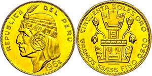 Peru 50 Soles, Gold, 1968, Manco Capoc, 33, ... 