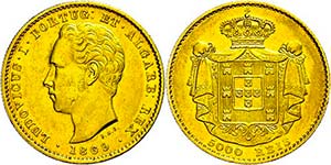 Portugal 5000 rice, Gold, 1869, Luis I., Fb. ... 