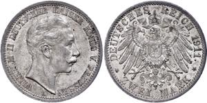 Prussia 2 Mark, 1911, Wilhelm II., extremley ... 