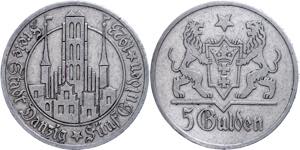 Coins German Areas Gdansk, 5 Guilder, 1923, ... 