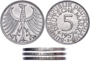 Federal coins after 1946 5 Mark, 1957 J, ... 