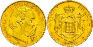 Monaco 20 Franc, Gold, 1878, Charles III., ... 