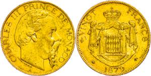 Monaco 20 Francs, Gold, 1879, Charles III., ... 