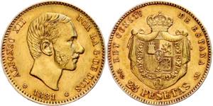 Spain 25 Pesetas Gold, 1881, Alfonso XII, ... 