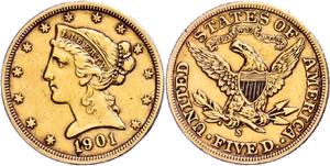 Coins USA 5 Dollars, Gold, 1901, freedom ... 