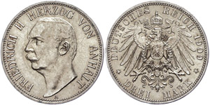 Anhalt 3 Mark, 1909, Friedrich II., wz. Rf., ... 