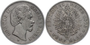 Bayern 5 Mark, 1874, Ludwig II., Randfehler, ... 