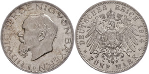 Bayern 5 Mark, 1914, Ludwig III., wz. Rf., ... 