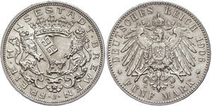 Bremen 5 Mark, 1906, Randfehler, vz., ... 