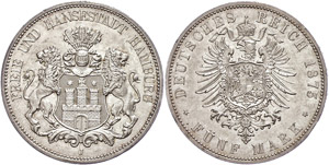 Hamburg 5 Mark, 1875, Randfehler, vz-st., ... 