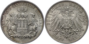 Hamburg 3 Mark, 1909, kl. Rf., f. st., ... 